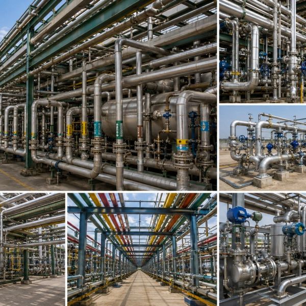 Complex network of industrial stainless steel pipes and valves in a factory.
