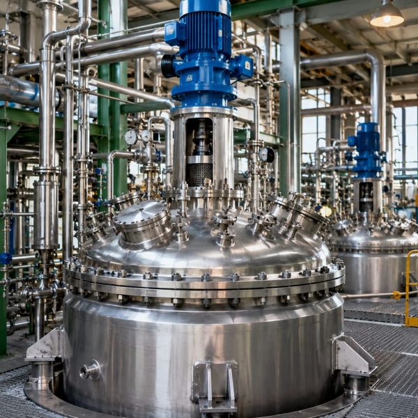 Large stainless steel industrial reactor vessel with blue motor in a factory setting.