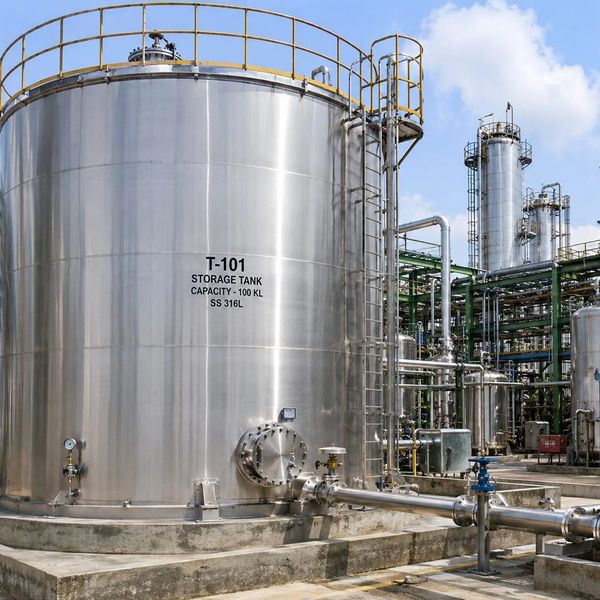 Large industrial stainless steel storage tank labeled T-101 with connected piping.