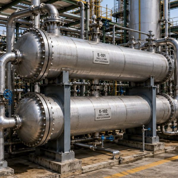 Two large industrial shell and tube heat exchangers in a plant.