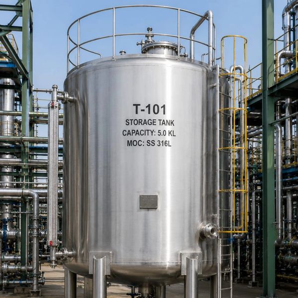 Stainless steel storage tank labeled T-101 with a 5.0 KL capacity in an industrial setting.