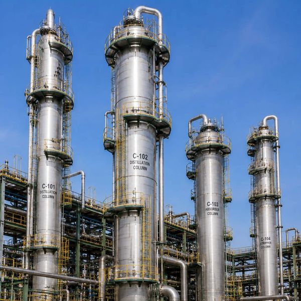 Industrial distillation columns against a clear blue sky.