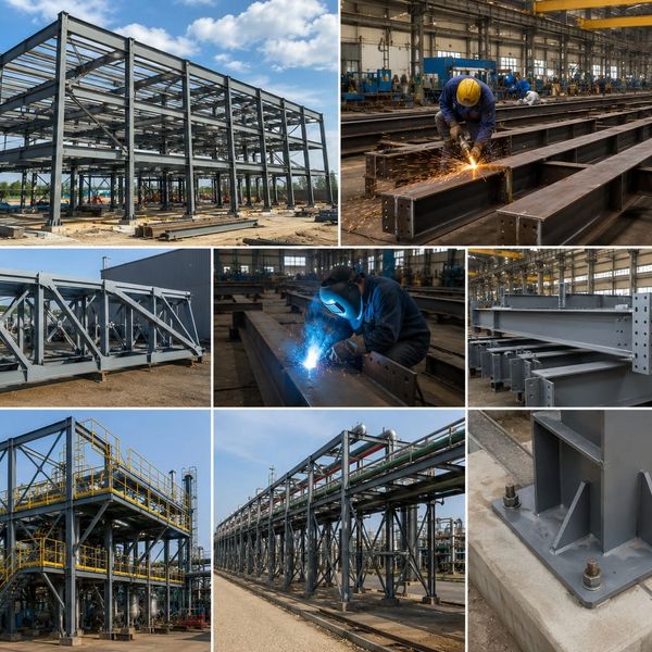 Various stages of steel structure fabrication and installation in an industrial setting.