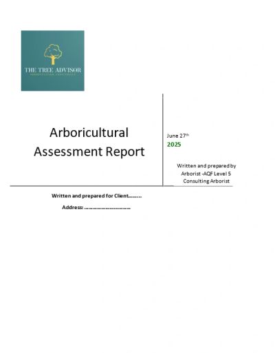 Cover page of an Arboricultural Assessment Report from The Tree Advisor.