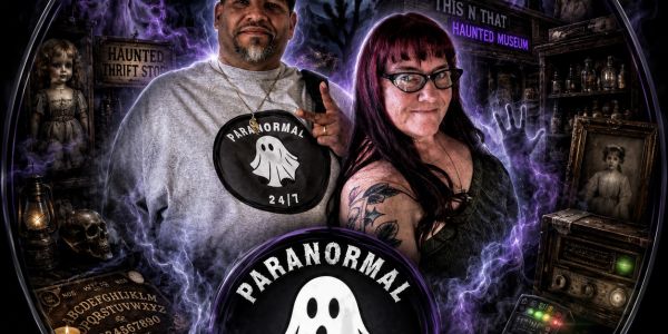Two paranormal investigators stand in a haunted museum surrounded by eerie purple mist.