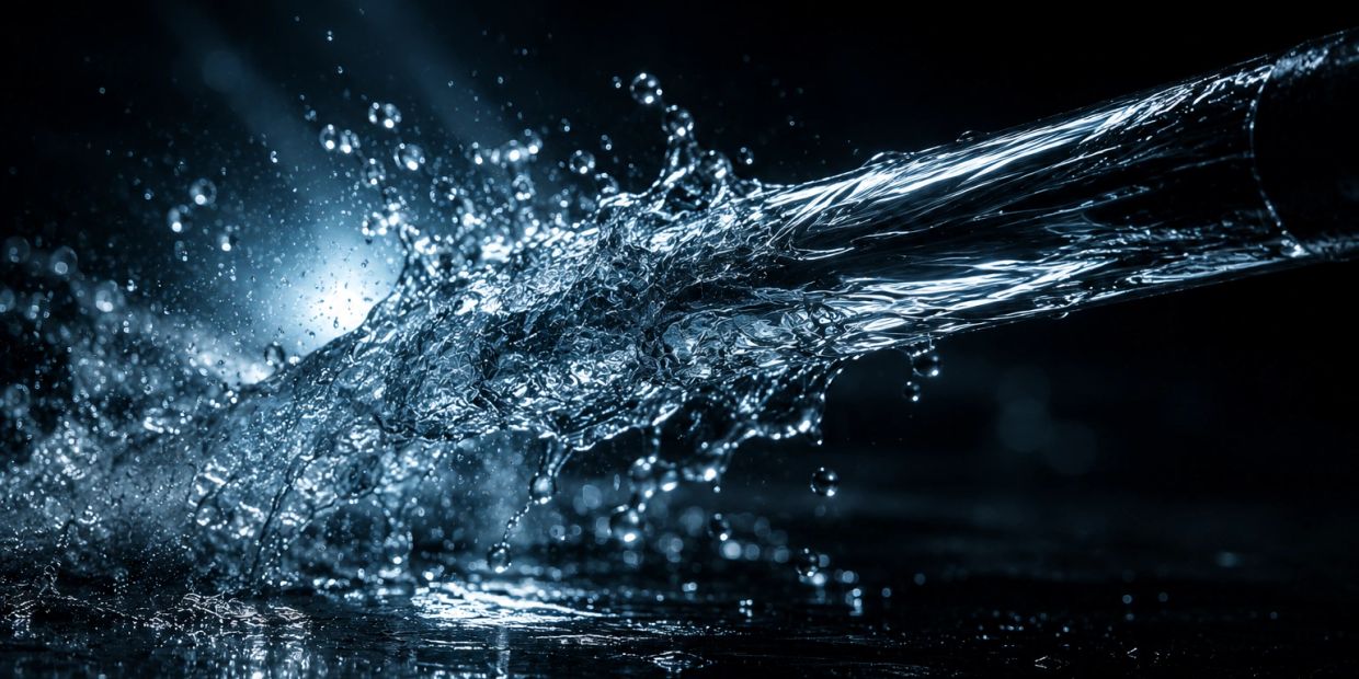 Close-up of water splashing from a hose in low light.