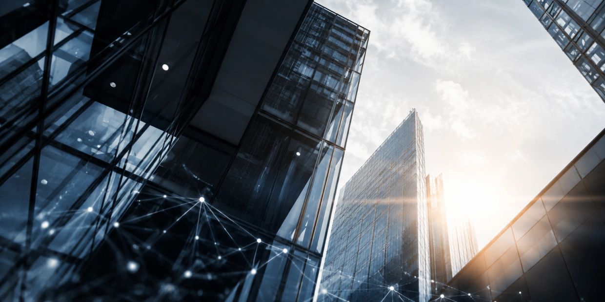 Sunlight glimmers through modern glass skyscrapers with digital network overlay.