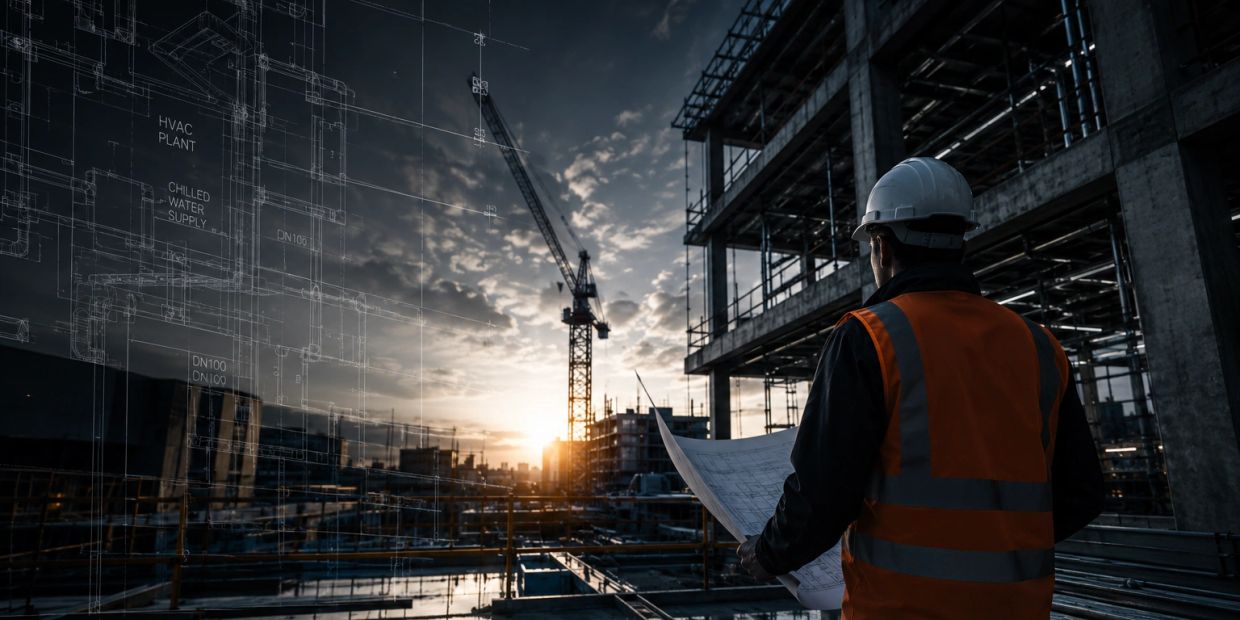 Engineer reviewing construction plans at a building site during sunset.
