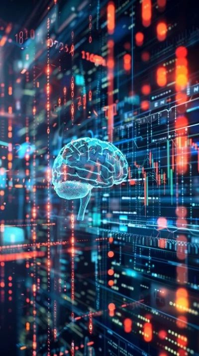 Digital brain hologram with data and code in futuristic setting.