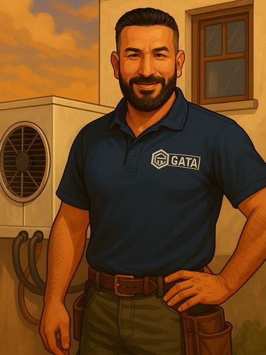 A confident technician stands outdoors near an air conditioning unit.