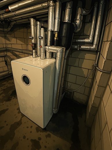 Bosch boiler system with multiple pipes in a utility room.
