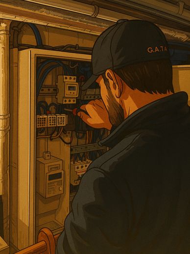 Man inspecting an electrical panel in a dimly lit room.