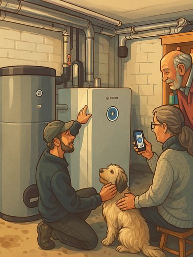 Technician explains heating system to elderly couple with dog in basement.