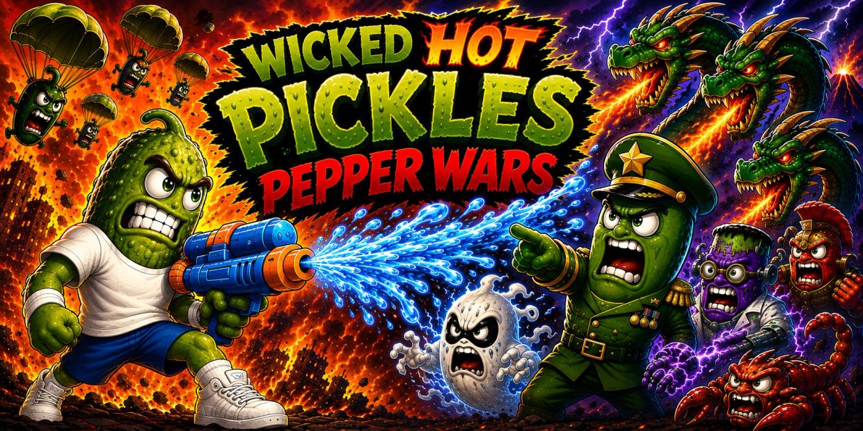 Animated pickles in battle with water gun and monsters.