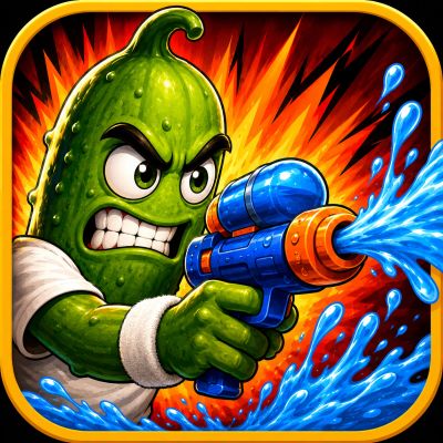Angry animated cucumber shooting water gun.