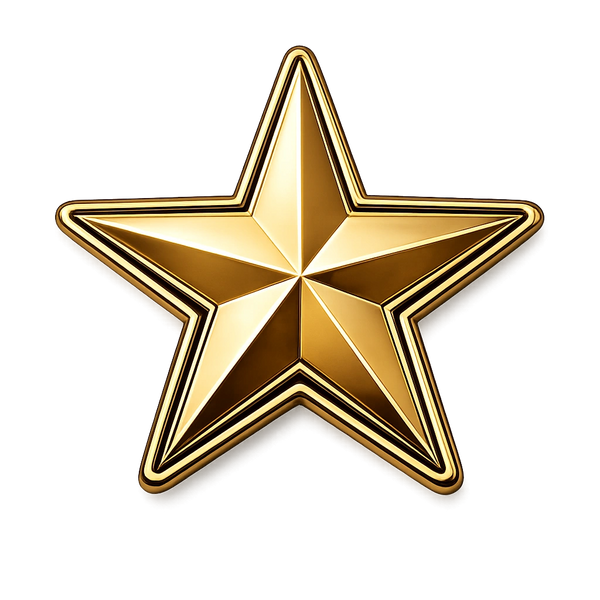 A shiny, gold five-pointed star with a polished metallic finish.