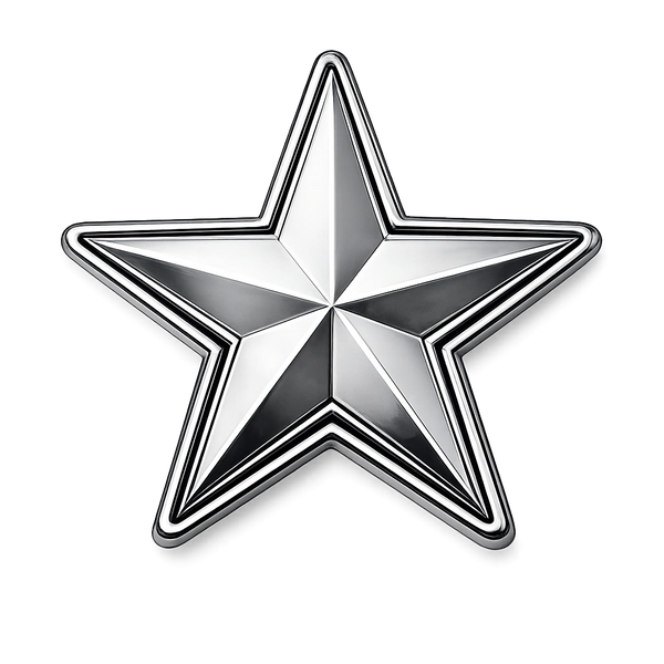 A shiny silver five-pointed star with a reflective metallic finish.