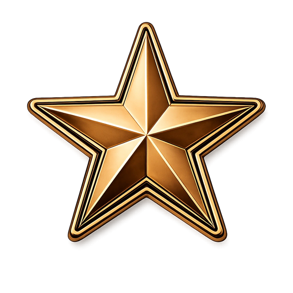 A shiny golden five-pointed star with intricate details and shading.