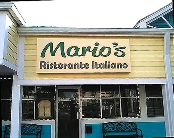 Facade of Mario's Italian restaurant with a yellow and blue exterior.