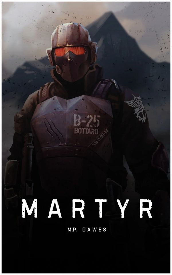 Futuristic soldier in armored suit and helmet with glowing red visor.