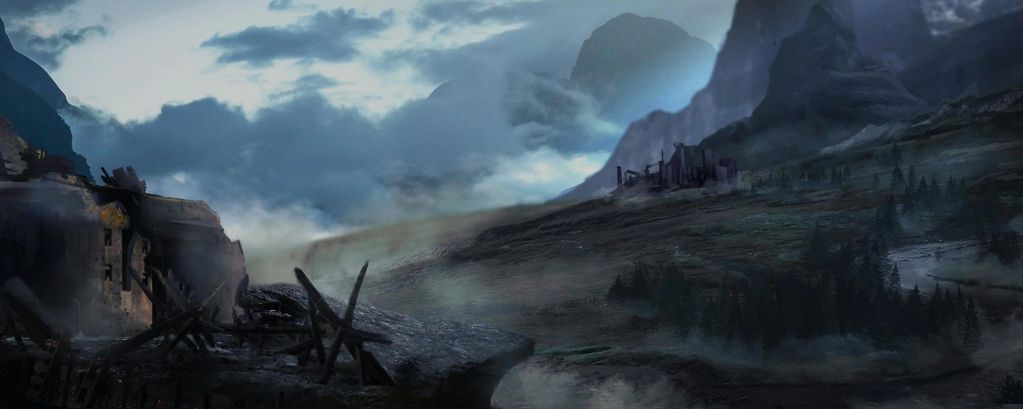 The Kootenai Valley in Nightfall post apocalyptic battlefield war trenches at night concept art