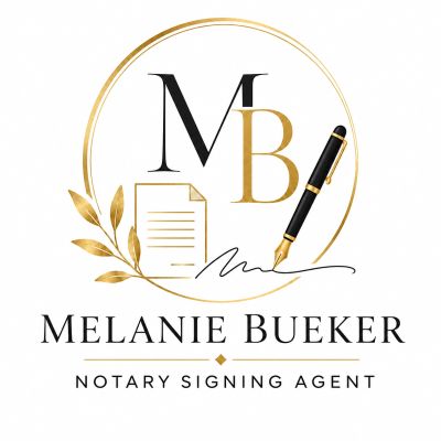 Elegant logo for Melanie Bueker, Notary Signing Agent, featuring gold and black elements.