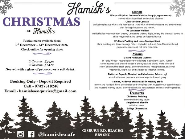 Christmas menu at Hamish's with starters, mains, and desserts from 3rd December to 24th December 2026.