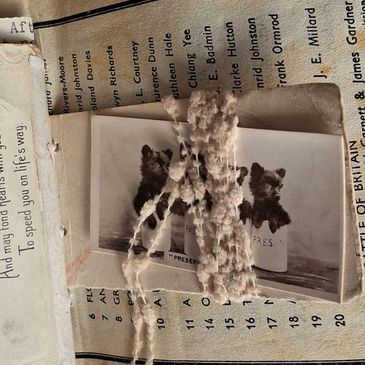 Three puppies peeking out of a box with yarn wrapped around the photo.