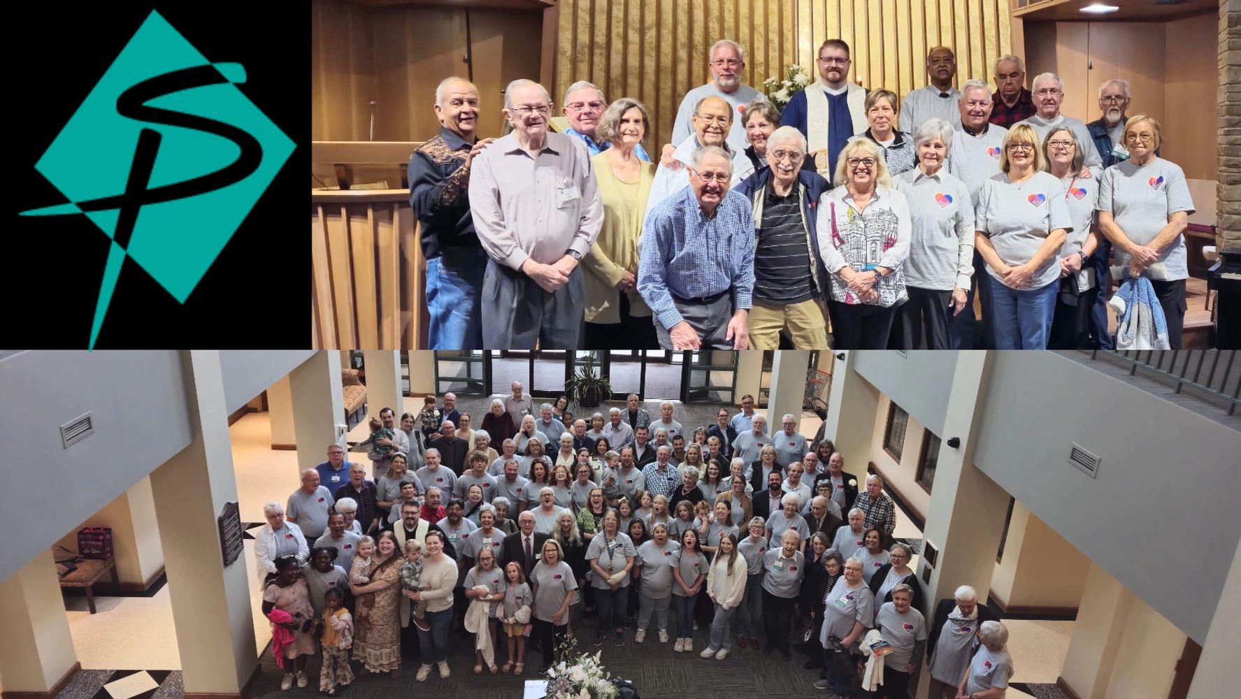 Two group photos of a church community and a teal logo on black background.