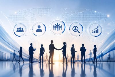 Businesspeople shaking hands under digital icons representing teamwork and growth.