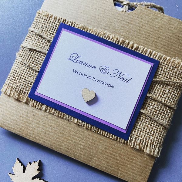Wedding Stationery Rustic Invitation with Hessian Band, Purple Label and Wooden Heart