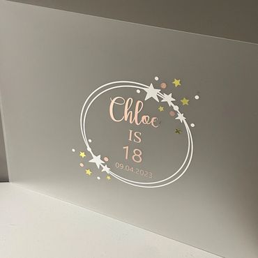 Frosted Acrylic Wedding Guest Sign, with white & gold acrylic text inside a circle with stars on