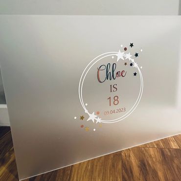 Frosted Acrylic Wedding Guest Sign, with white & gold acrylic text inside a circle with stars on