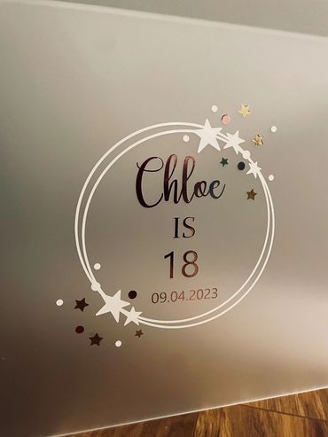 Frosted Acrylic Wedding Guest Sign, with white & gold acrylic text inside a circle with stars on