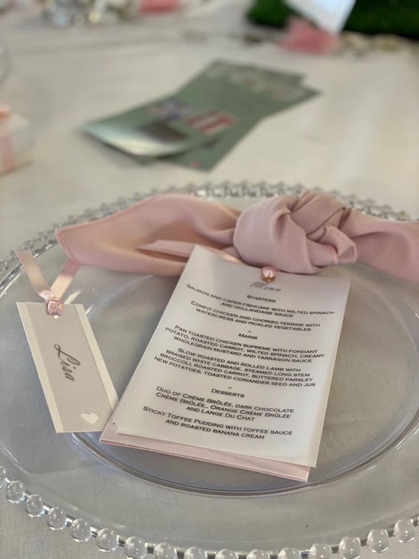 Wedding Stationery Menu Card with Pink Ribbon and Place Name Tag