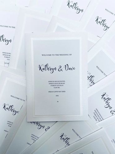 Set of wedding 'Order of Service' booklets, with diamond embellishments.