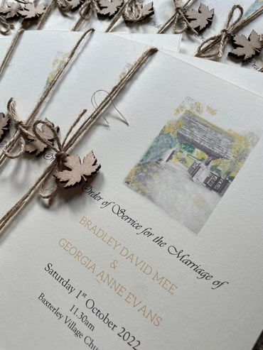 Set of wedding 'Order of Service' booklets, with wooden leaf and rustic twine embellishments.