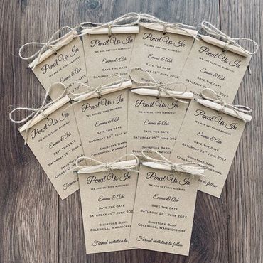 Set of Rustic Brown, Save the Date Invitations with pencils attached by brown string