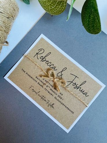 Rustic Brown, Save the Date Invitations with brown, string ribbon.