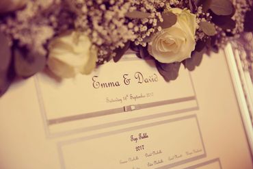 Wedding Table/Seating Plan with Silver Ribbons, decorated with white roses and foliage.