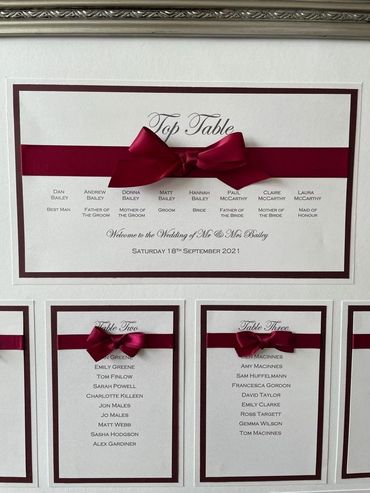 Wedding Table/Seating Plan with Red Ribbons mounted inside a Silver Frame.