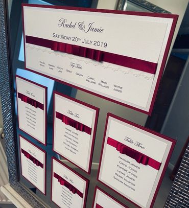 Wedding Table/Seating Plan with Red Ribbons mounted on a mirror.