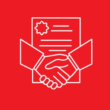 White handshake and contract icon on red background.