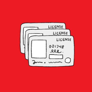 Illustration of three overlapping licenses on a red background.
