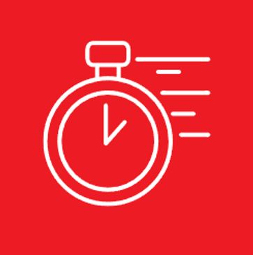 White stopwatch icon with motion lines on red background.