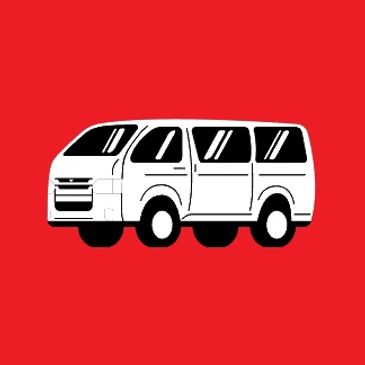 White van illustration on a red background.