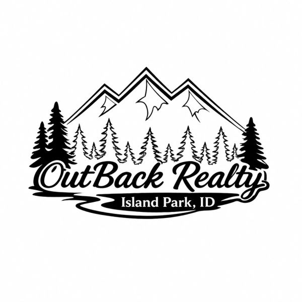 Logo of OutBack Realty with mountains and pine trees, Island Park, ID.