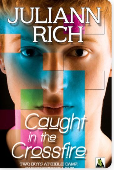Book cover for 'Caught in the Crossfire' by Juliann Rich with a close-up face and colorful geometric overlays.