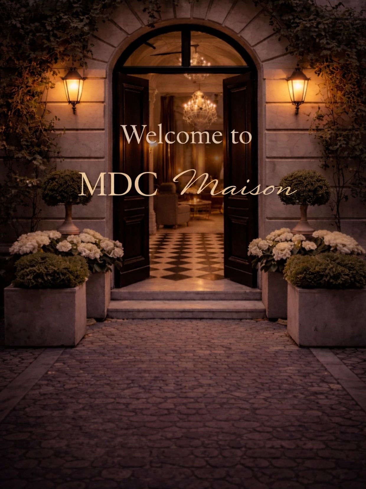Elegant entrance with warm lighting and welcoming text for MDC Maison.