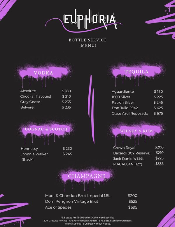 Euphoria bottle service menu 